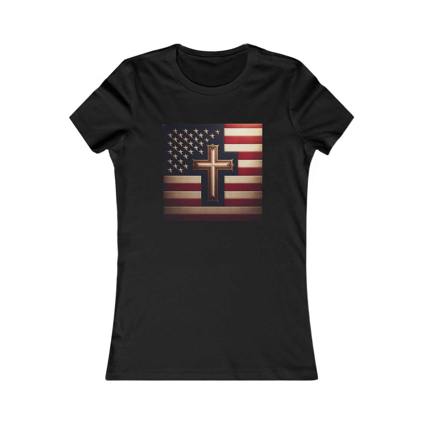 Faith & Freedom Women's Tee - American Flag with Cross Design